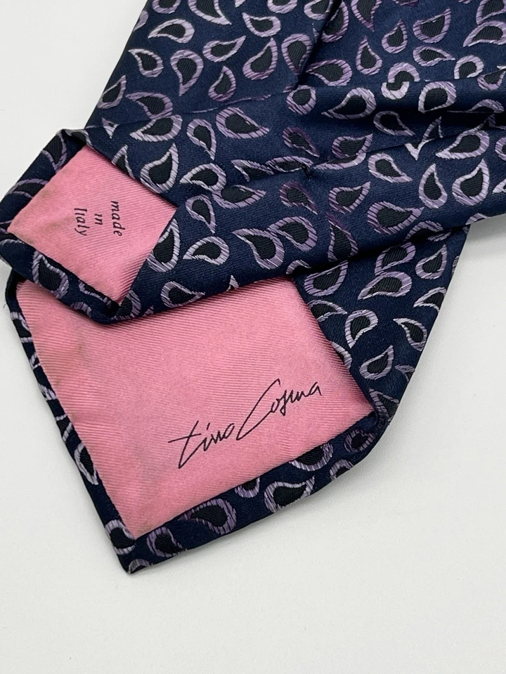 Corbata Tino Cosma - Hecha en Italia - Corbata de cachemira púrpura azul marino - Mezcla de seda Foto 3 de 4