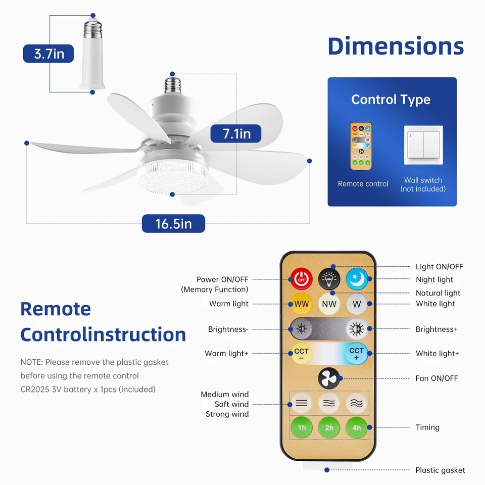 Socket Fan Light - Ceiling Fans with Lights and Remote/Socket Extender,Adjust... - Image 2 of 4