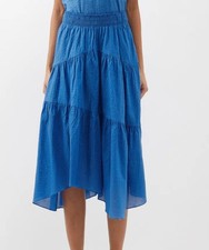 Frame Asymmetric Shirred Cotton Midi Skirt Cobalt Blue Size Medium