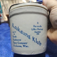 VTG Kaulauna Klub Dairy Wisconsin Cheese Spread Crock Bail Lid 1933 Stoneware