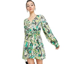 ASOS Design Green Mini Floral Skater Dress Size 12