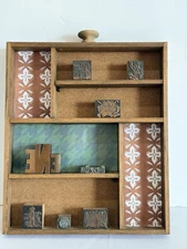 Vintage Wood Tray/drawer/shelf With Antique Printer Mini Plates 9x10.5”