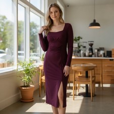 NWT Express Midi Dress M Plum Long Sleeve Ruched Sweetheart Cocktail Wedding