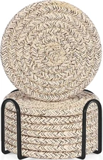 8 Pcs Drink Coasters with Holder, Cotton Woven Absorbent Coasters for Drinks, Mi