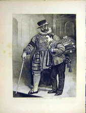 Original Old Antique Print Painting Beefeater Drummer London Tower Fine Art 1871
