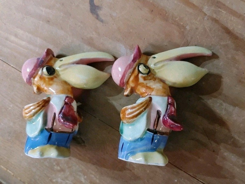 Vintage Salt & Pepper Shaker Set-Dressed Stork/Pelican? Red Tie, Pink Cap, Japan