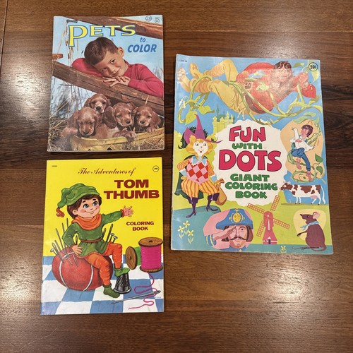 Vintage Coloring Books Lot 60’s-70’s, Tom Thumb, Pets, Fun With Dots, Unused - Afbeelding 1 van 15