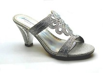 Womens Ladies Block Heel Glitter Rhinestone Wedding Party Slip On Flower Sandal
