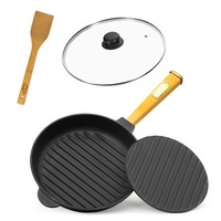 Ø28Cm Grillpfanne Gusseisen Pressdeckel Glasdeckel Holzgriff Bratpfanne Pfanne