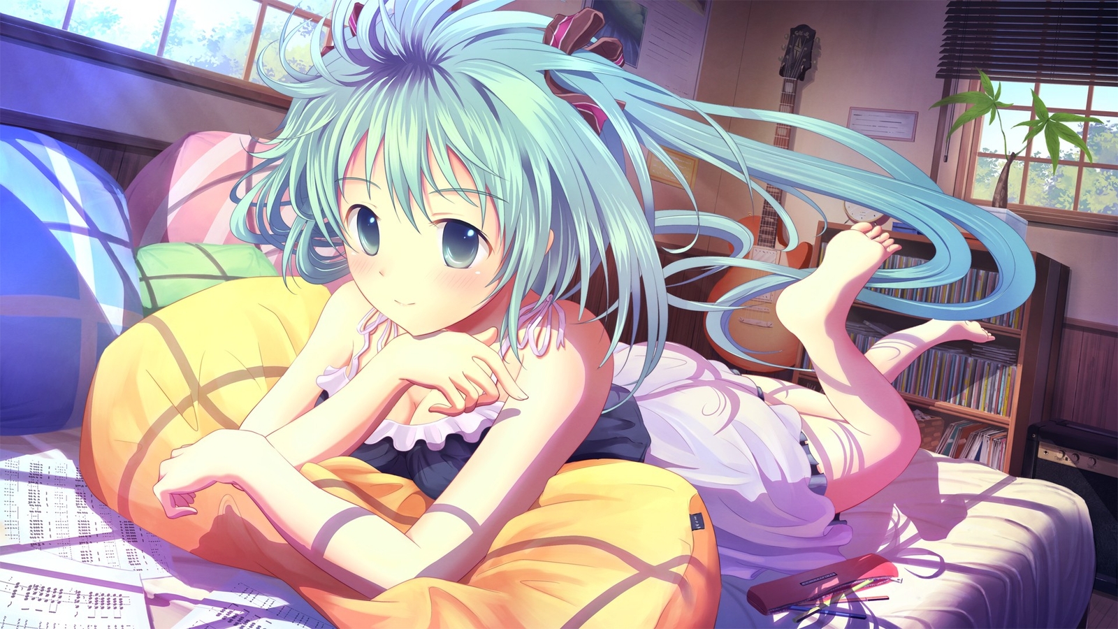 Anime girls vocaloid hatsune miku feet blue hair in bed CCG Gaming Mat Desk