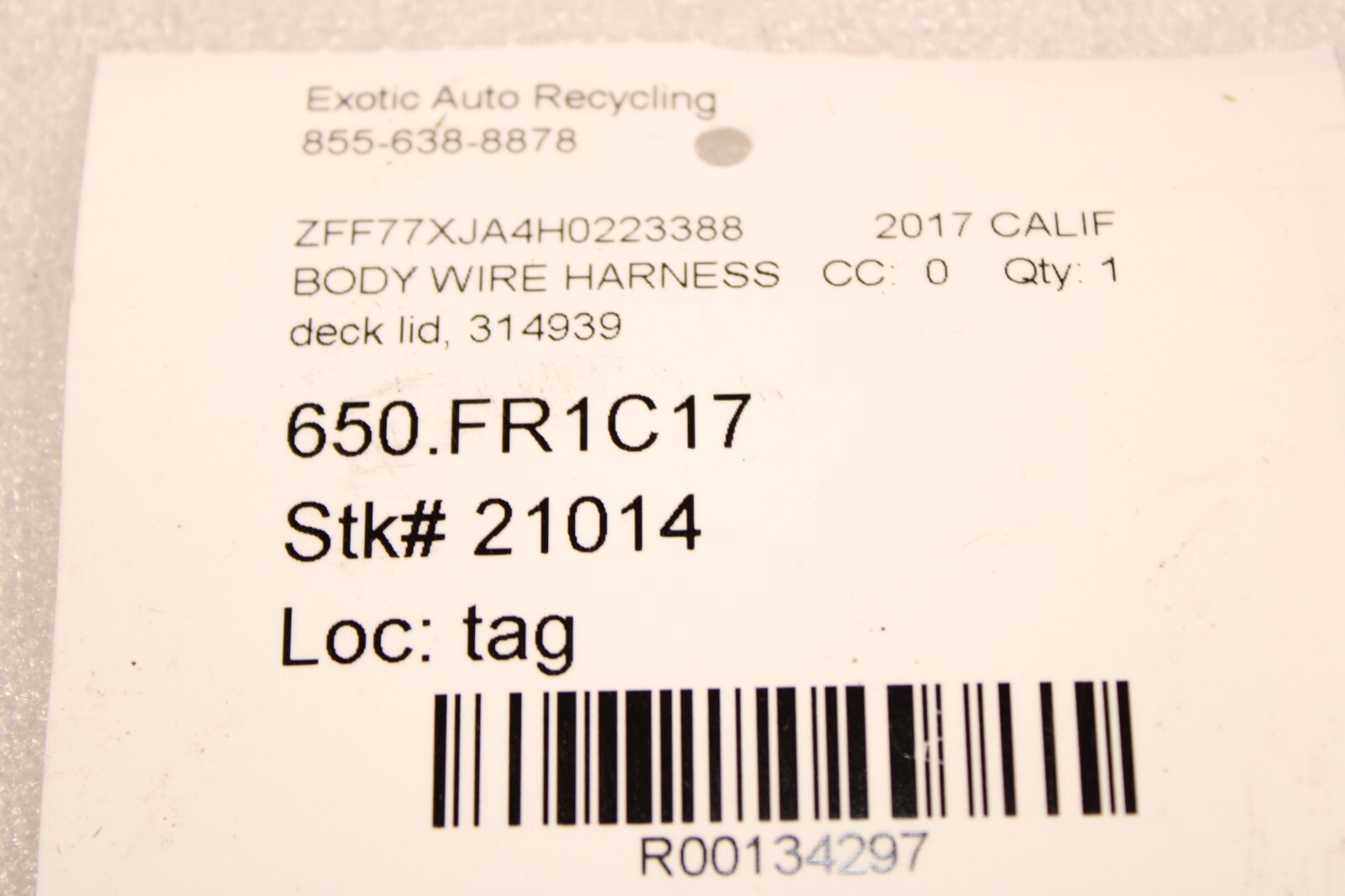 Ferrari California T, Deck Lid Body Wiring, Used, P/N 314939