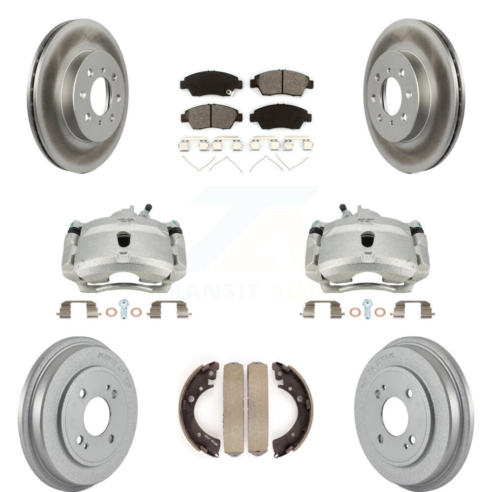 Front and Rear Brake Caliper Coated Rotor Drum Kit with Semi-Metallic Pads Compatible with Honda Civic
