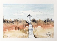 Original Watercolor + Ink Painting Lighthouse Coastal Illustration Signed 5x7