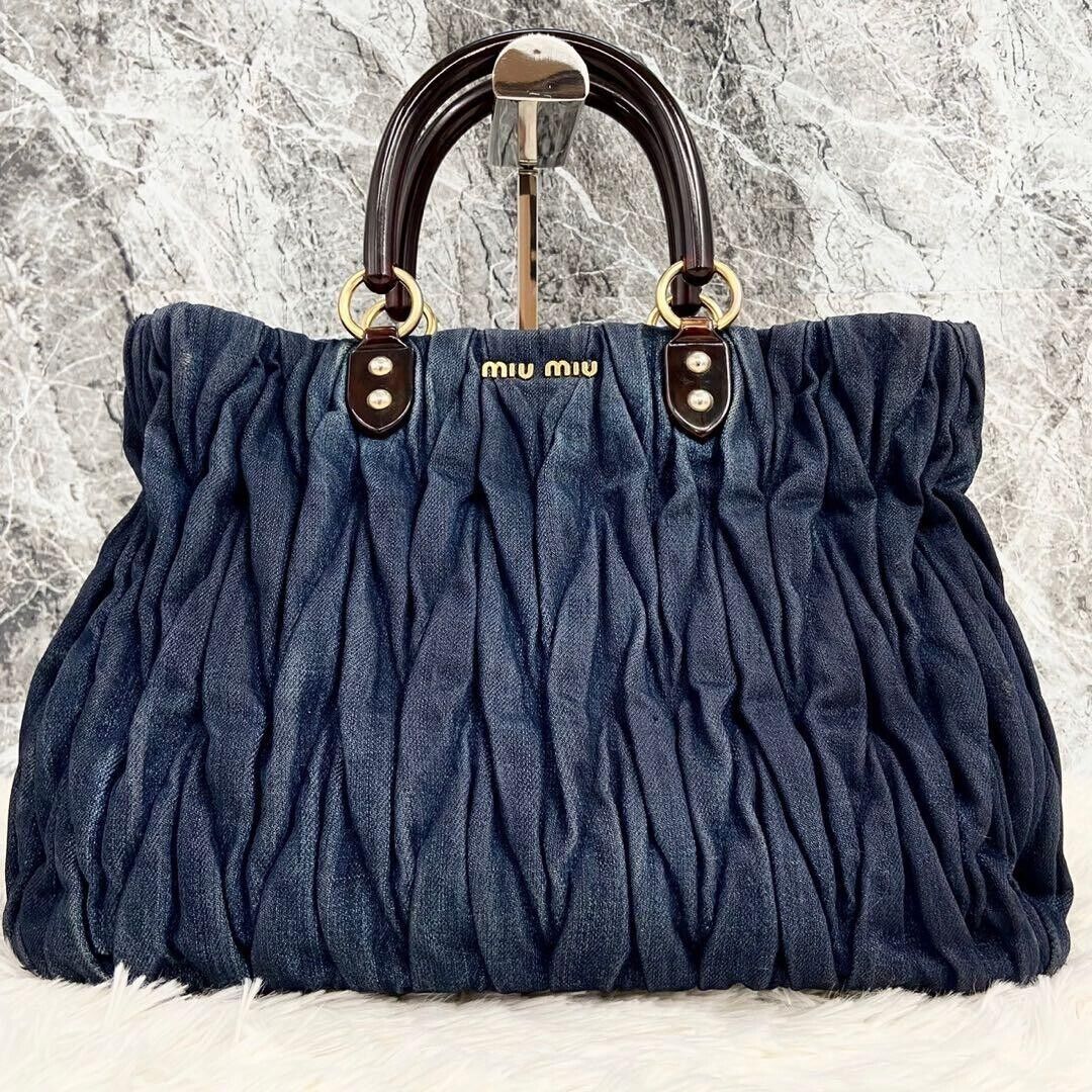 美品 ミュウミュウ デニム オーストリッチ レザー 2way 美品 ミュウミュウ デニム オーストリッチ レザー 2way