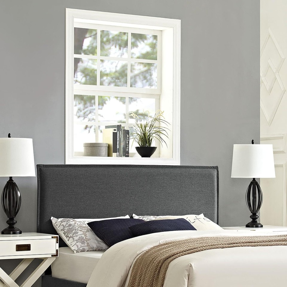 Camille Linen Fabric Upholstered Queen Headboard in Gray with French