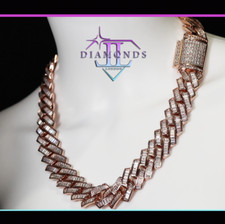 Rose Gold Baguette Simulated Diamond Cuban Chain, Mens Rose Gold Cuban Chain