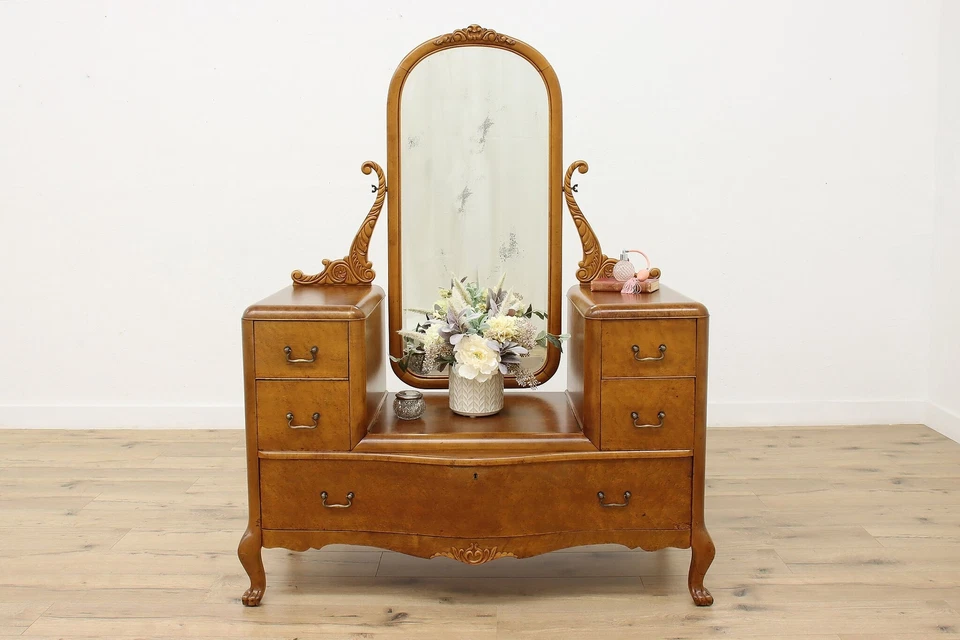 Tocador o tocador antiguo de arce Birdseye, espejo #52324 Foto 4 de 4