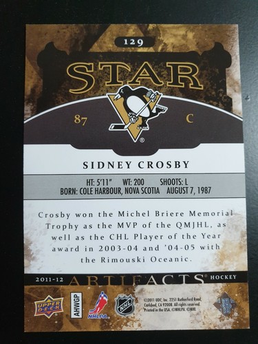 2011-12 Artifacts #129 Sidney Crosby #744/999 - Picture 2 of 2