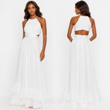 Mac Duggal Size 2 White Chiffon Halter Neck Cross Back Cut Out Maxi Gown Dress