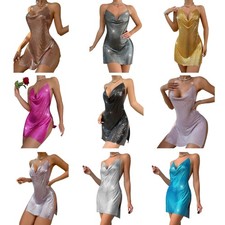 Women Sparkling Backless Halter V Neck Sequins Split Mini Dress for Night Out