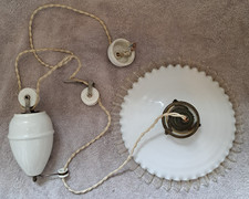 FRENCH - Vintage Rise/fall ceiling light fitting with opaline glass coolie shade