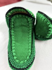 Vtg NOS Slippers Moccasins Crochet Edge Knit Booties High Ankle Green Black 9 L