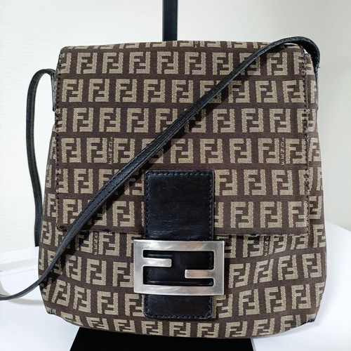FENDI Zucchino FF Shoulder Bag Crossbody Brown Used