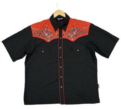 Dragonfly Shirt Mens Large Red Black Tribal Print Pearl Snap Biker Motorcycle