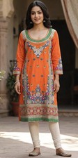 Embroidered Orange Kurti Tunic W Floral 3/4 Sleeve Women Traditional Ethnic S/M