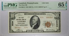 1929 Lansford, Pennsylvania $10 The First National Bank PMG Gem Unc 65 EPQ