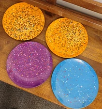 Zak Melamine "Glitter" Plates - 2 Orange - 1 Purple - 1 Blue. 9" Diameter 
