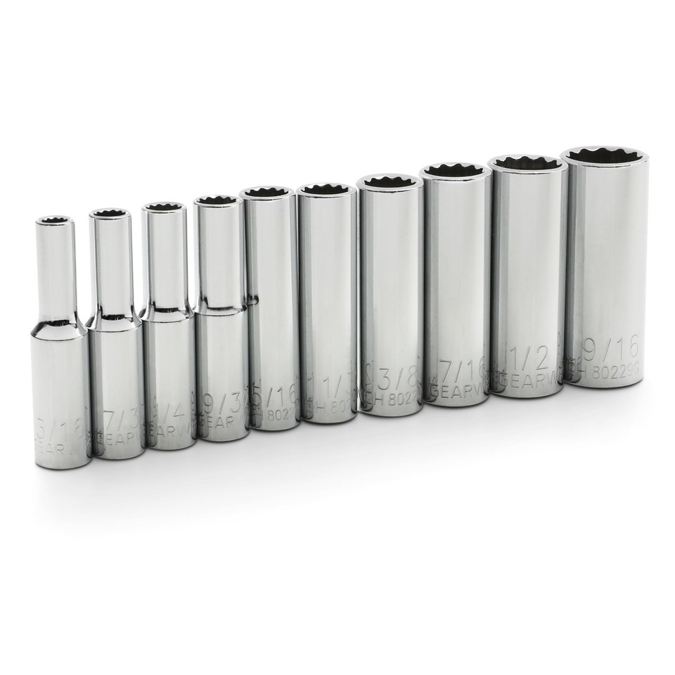 10 Pc 1/4" Drive Deep Socket Set, 12 Pt SAE, Chrome Vanadium, Tool Kit ...