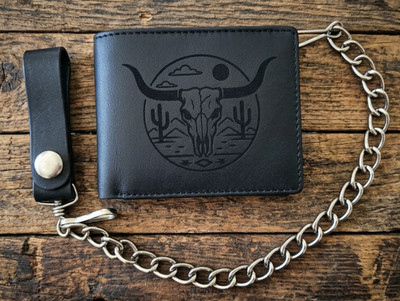 Genuine Leather Biker Bi-Fold Black Wallet with 12'' Chain Longhorn Bull