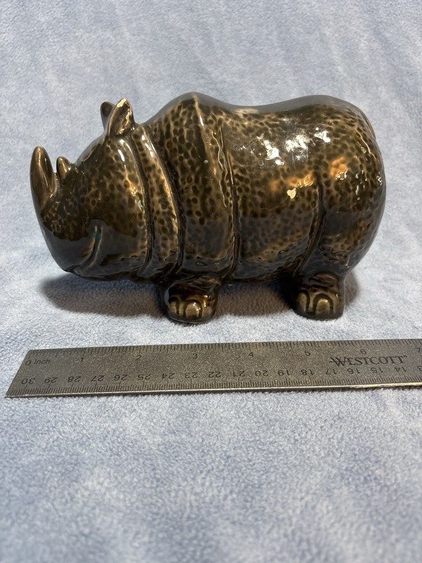 Rhinoceros Ceramic Figurine Brown Speckled Glossy Glazed