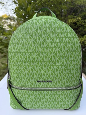 AUTHENTIC Michael Kors Rhea Medium Zip Backpack Jungle Green Mk Logo Leather NWT