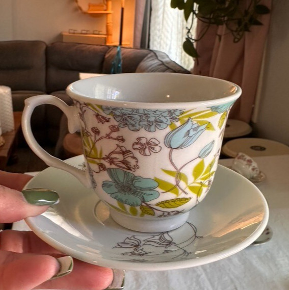 Cup & Saucer Turquoise And Green Flowers Vintage Retro 2012