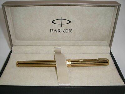 Parker Premier Fountain Pen Gold Plated & Lacquer Black Stripes M Pt New In Box 