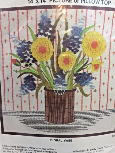 Floral Vase Crewel Kit 14 x 14" Picture or Pillow Top vintage 1974 Family Circle - Picture 2 of 3