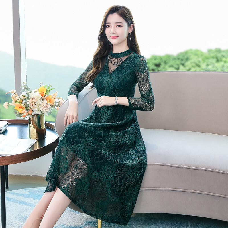 Women's Lace Dress Slim Fit Waist Mesh Mid Length Long Sleeved A-Line Dress  | eBay