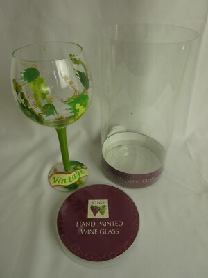 DEI  VINTAGE  WINE GLASS Hand Painted Grape Vines 18 oz. - New in plastic casing
