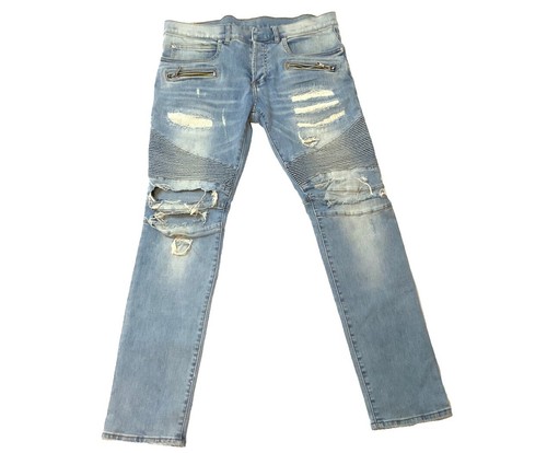 BALMAIN Paris Mens Blue Distressed Denim Moto Biker Jeans 34 Made