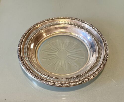 Vintage Antique Frank Whiting Sterling Silver Crystal Glass Coaster Plate Dish - Picture 2 of 11