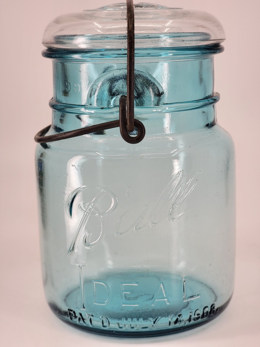 Vintage Ball Jar Blue Ideal Canning Wire Bail Glass Lid Patent