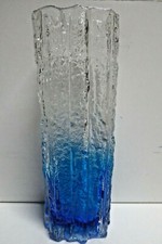 VINTAGE BLUE CLEAR CASED GLASS ICE TEXTURED SCANDINAVIAN ART GLASS VASE