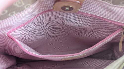 Dooney And Bourke Monogram Satchel Top Handbag Cream Tan Cloth Pink Interior - Picture 14 of 16