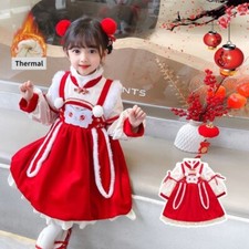 Girls Chinese New Year Dress Kid Fleece Lined Tang Suit Embroidery Cheongsam Red