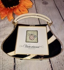 Vtg.Victoriana Purse Picture, Black  Ivory Enamel  Clear Rhinestones Frame EUC