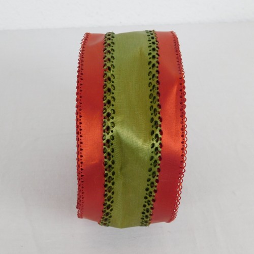 Red Green Stripe Cutout 2.5" Wide Crisp Satin Feel Ribbon Spool Christmas FLAW - Picture 2 of 6