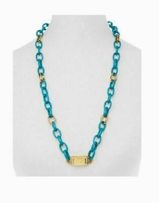 NEW MICHAEL KORS BLUE TURQUOISE+GOLD TONE LARGE LINK NECKLACE MKJ3417