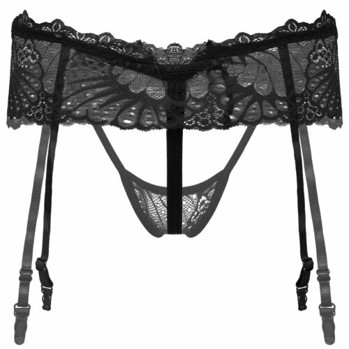 Agoky Sissy Herren Dessous G-string Transparente Spitzen Slip mit Strumpfband - Bild 17 von 37